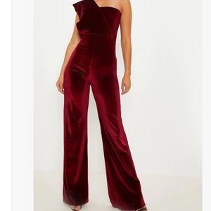 Burgundy Velvet Drape One Shoulder Jumpsuit